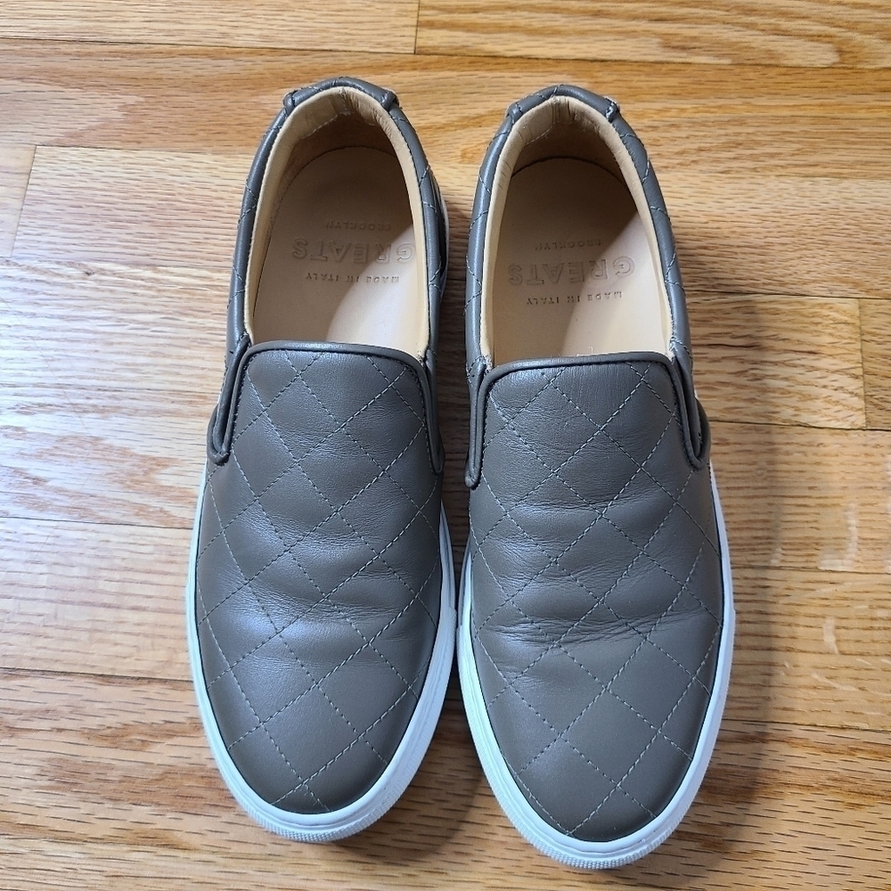 Greats 8.5 Wooster Quilted Olive/Tan Leather Sneakers